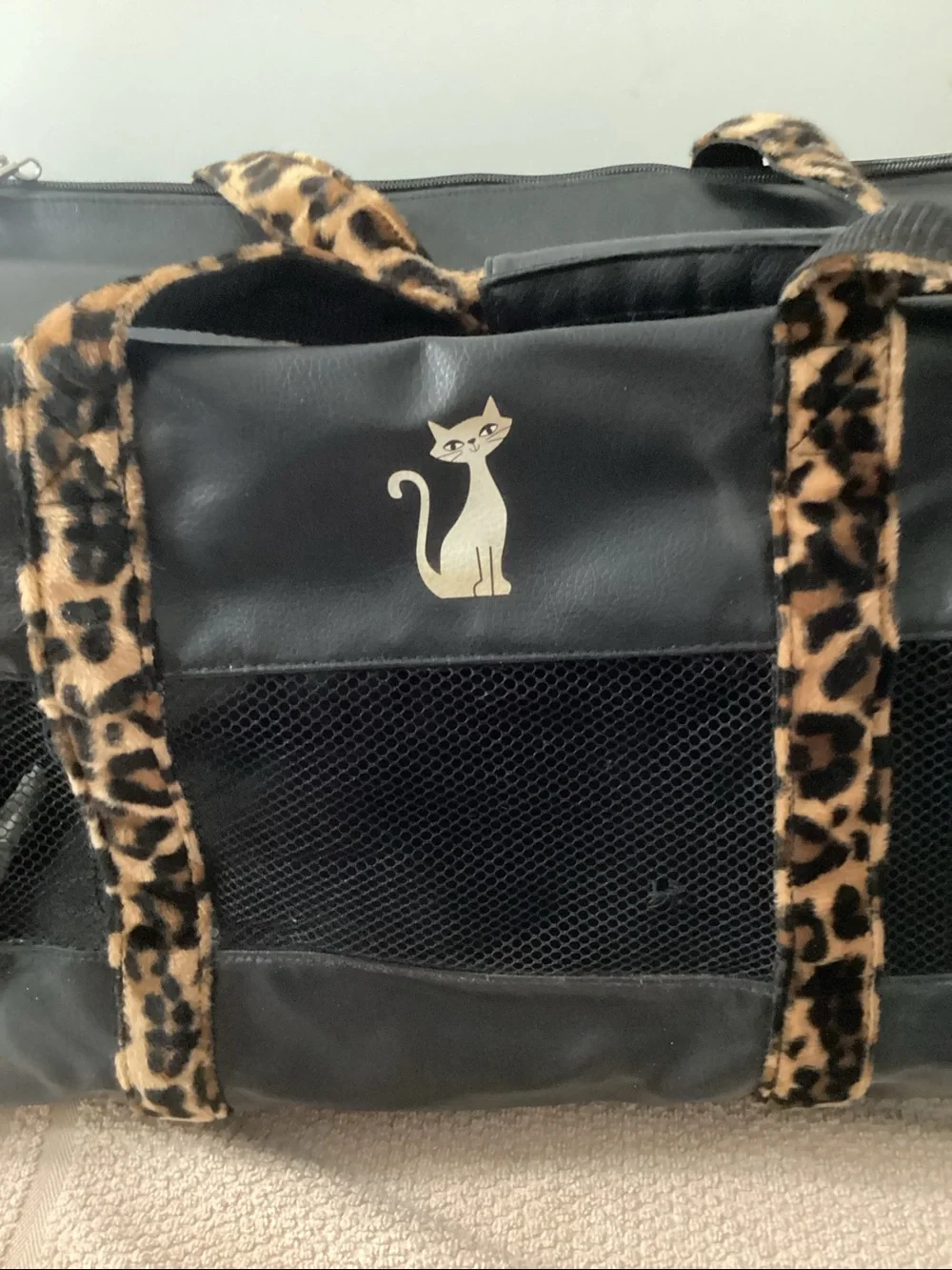 Black Cat Print Soft-Sided Pet Carrier with Leopard Handles